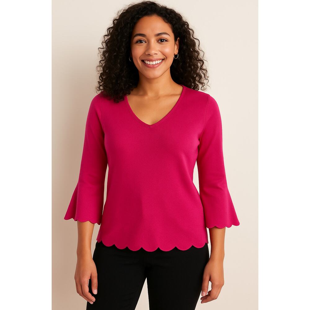 Talbots Petites Pink Scalloped Hem V-Neck Knit Top Size P 3/4 Sleeve